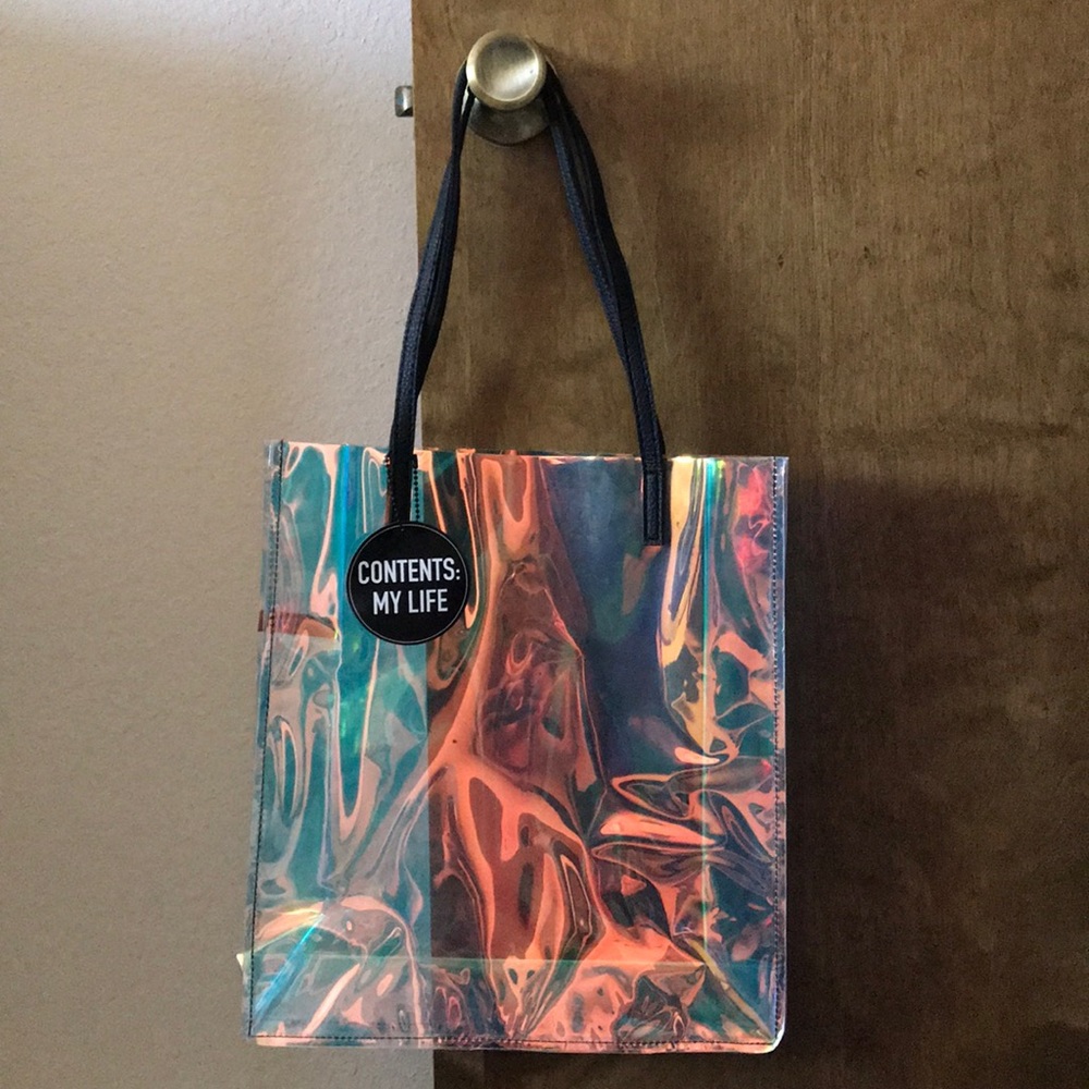 Clear holographic tote with black straps